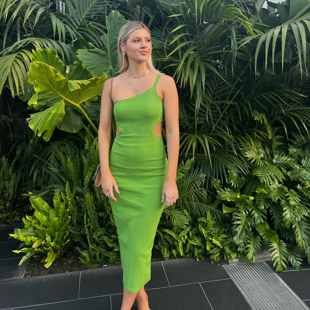 Green asymmetrical strap midi dress with cutouts